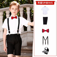 ELPA儿童礼服套装夏男童小花童六一儿童节演出服学生合唱服短袖背带裤套装黑白红色夏季 黑色5件套:短裤+衬衫+领结+背带+袜子 160码 身高150-160cm 体重92-100