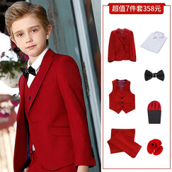 ELPA 儿童西装礼服套装男童西服套装中大童礼服男童钢琴演出服装男孩花童黑色套装春夏秋韩版 红色戗驳领7件套:5件套 +马甲+胸针 140码 身高130-140cm 体重61-69斤