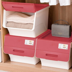 茶花塑料大号整理箱前开式翻盖储物箱卧室零食玩具杂物可叠加收纳盒 红色34L*3个装