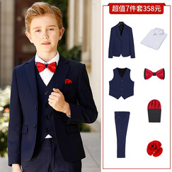 ELPA 儿童西装礼服套装男童西服套装中大童礼服男童钢琴演出服装男孩花童黑色套装春夏秋韩版 蓝色平驳领 7件套: 5件套+马甲+胸针 165码 身高155-165cm体重101-110