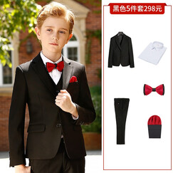 ELPA 儿童西装礼服套装男童西服套装中大童礼服男童钢琴演出服装男孩花童黑色套装春夏秋韩版 黑色平驳领5件套 外套+衬衫+裤子+领结+胸带巾 120码 身高110-120cm 体重40-45斤