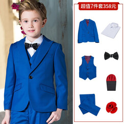 ELPA 儿童西装礼服套装男童西服套装中大童礼服男童钢琴演出服装男孩花童黑色套装春夏秋韩版 宝蓝戗驳领7件套:5件套 +马甲+玫瑰花胸针 150码 身高140-150cm 体重79-84斤