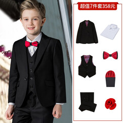ELPA 儿童西装礼服套装男童西服套装中大童礼服男童钢琴演出服装男孩花童黑色套装春夏秋韩版 黑戗驳领7件套:5件套 +马甲+玫瑰花胸针 165码 身高155-165cm体重101-110
