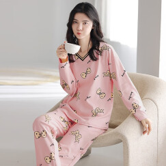 集倩（JIQIAN）睡衣女秋季长袖纯棉休闲韩版可爱减龄可外穿家居服套装 T5349 L(100-120斤)