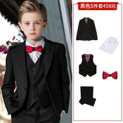 ELPA 儿童西装礼服套装男童西服套装中大童礼服男童钢琴演出服装男孩花童黑色套装春夏秋韩版 黑戗驳领5件套:外套+马甲+裤子+衬衫+领结 165码 身高160-165cm体重100-105