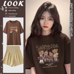 喜孕娇服饰(Xi Jiao Pregnanay Clothing)孕妇装夏装套装短袖外出时尚2023新款夏季宽松T恤上衣两件套秋装 趣味熊/美式棕 + 卡其短裤 M码