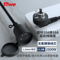 TOWE 同为三插电源延长线热水器插头插排转换器国标10A转16A电源转换线大功率家用铜芯三芯电源线 0.5米 1.5平方 TW-FYC-G10/G16
