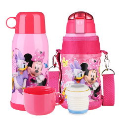 迪士尼（Disney）儿童保温杯带吸管316不锈钢水杯男女学生双盖杯子配杯套 550ML 6002N 米妮粉色
