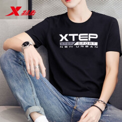 特步（XTEP）男装短袖T恤夏季透气半袖运动服薄款夏装男士休闲体恤上衣健身服 黑色-9250 （100%棉） 180/100A(XL)