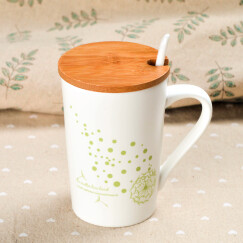莲泽 陶瓷咖啡杯子马克杯情侣杯创意早餐杯子办公水杯带盖带勺子 亚光绿配木盖瓷勺
