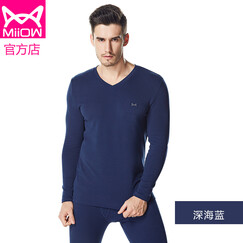 猫人miiow男女精梳棉加厚保暖内衣圆领秋冬厚款纯棉秋衣秋裤男V领内衣套装弹力修身时尚 深海蓝 v领 (2018新款加厚升级礼盒装) XL (收藏店铺可领取优惠券)