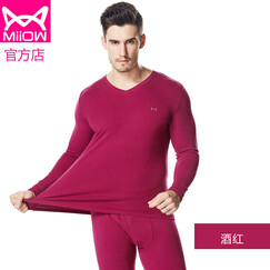 猫人miiow男女精梳棉加厚保暖内衣圆领秋冬厚款纯棉秋衣秋裤男V领内衣套装弹力修身时尚 酒红 V领 (2018新款加厚升级礼盒装) XL (收藏店铺可领取优惠券)