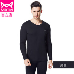 猫人miiow男女精梳棉加厚保暖内衣圆领秋冬厚款纯棉秋衣秋裤男V领内衣套装弹力修身时尚 纯黑 v领 (2018新款加厚升级礼盒装) XL (收藏店铺可领取优惠券)