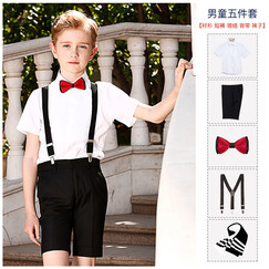 ELPA儿童礼服套装夏男童小花童六一儿童节演出服学生合唱服短袖背带裤套装黑白红色夏季 黑色5件套:短裤+衬衫+领结+背带+袜子 160码 身高150-160cm 体重92-100