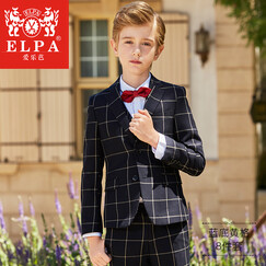 ELPA儿童西服礼服套装男童西装外套中大童英伦礼服男孩花童格子套装男童礼服套装钢琴演出服春夏秋韩版 蓝底黄格8件套:5件套+马甲+袜子+胸针 100码 身高90-100cm 体重28-33斤