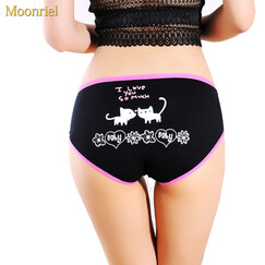 Moonriel女士内裤【5条装】女式95%纯棉中腰性感少女生内衣可爱提臀卡通小猫咪三角裤 1385款套餐一 黑色+蓝色+西瓜+黑色+白色 M码建议85-100斤以内