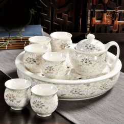 万庆兴 功夫茶具套装复古中式整套青花陶瓷茶壶茶杯茶盘居家茶具套装 白金藤花有茶盘C8-16