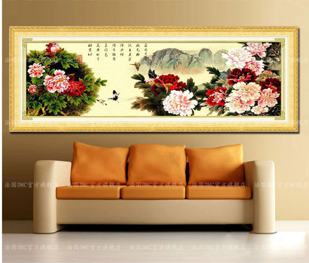 dmc十字绣3d客厅大画精准印花新款卧室餐厅书房满绣挂画精品字画合家富贵牡丹花开 100%精准印花 11CT4股