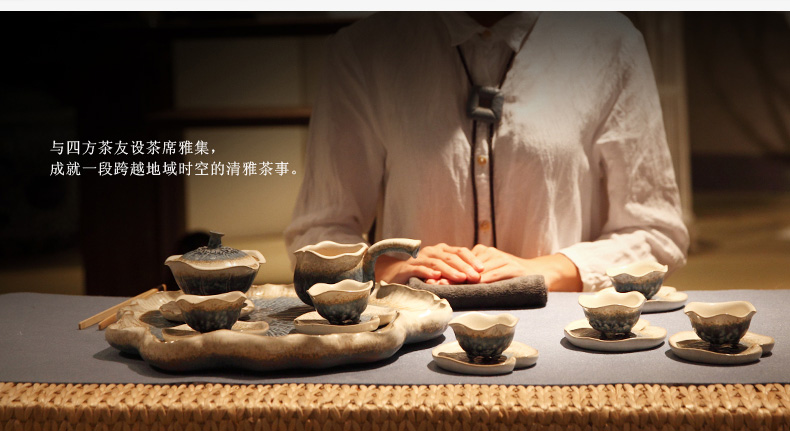 
                                        万仟堂（Edenus） 万仟堂陶瓷茶具套装整套茶具日式功夫6人成套礼盒茶具 秋荷一池 配茶盘-有排水                