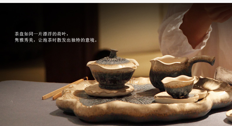 
                                        万仟堂（Edenus） 万仟堂陶瓷茶具套装整套茶具日式功夫6人成套礼盒茶具 秋荷一池 配茶盘-有排水                