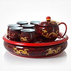 
                                        思喜 800ml景德镇陶瓷 冰裂纹 手绘荷花大容量提梁壶茶具套装JDCJ007 (不含茶盘                