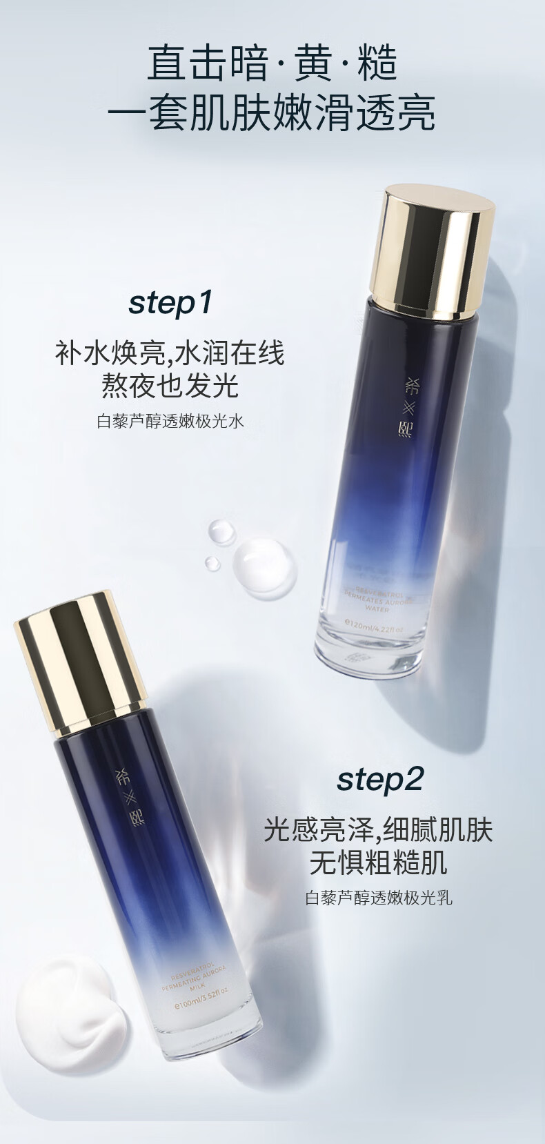 希熙 白藜芦醇透亮极光水乳组合补水滋润清爽护肤男女套装 水+乳+洁面+面霜+精华液