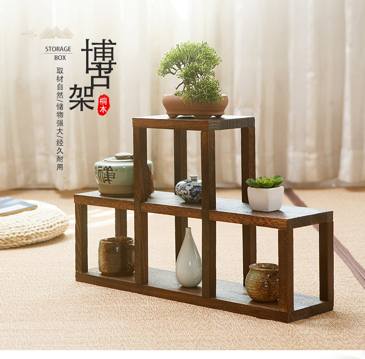 柴扉園 实木中式博古架藏品架隔断展示架摆件架子收纳架阶梯形茶叶茶壶架烧桐木桌面摆架多宝阁古董架茶具架 暗格花架