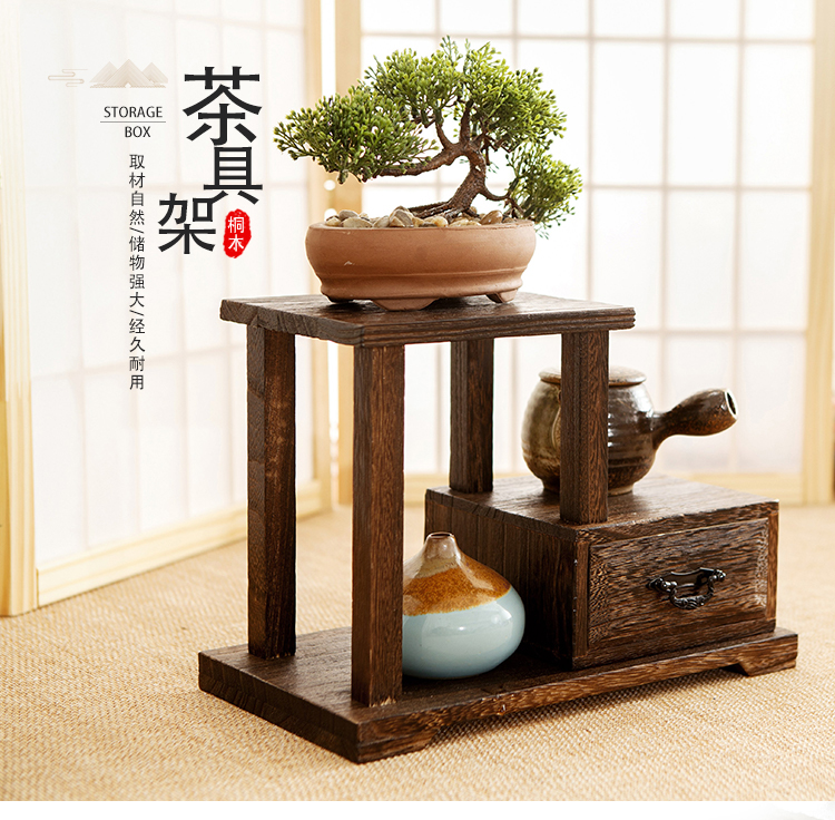 柴扉園 中式泡桐木博古架客厅摆件桌面茶架艺术盆栽架有暗格储物收纳盒子烧桐木桌面摆架多宝阁古董架茶具架 单抽屉架子
