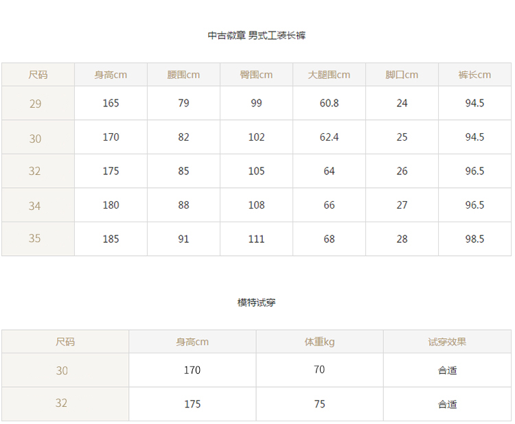 中古章男式工装长裤身高cm腰围cm臀围cm大腿围cm脚囗cm裤长cm