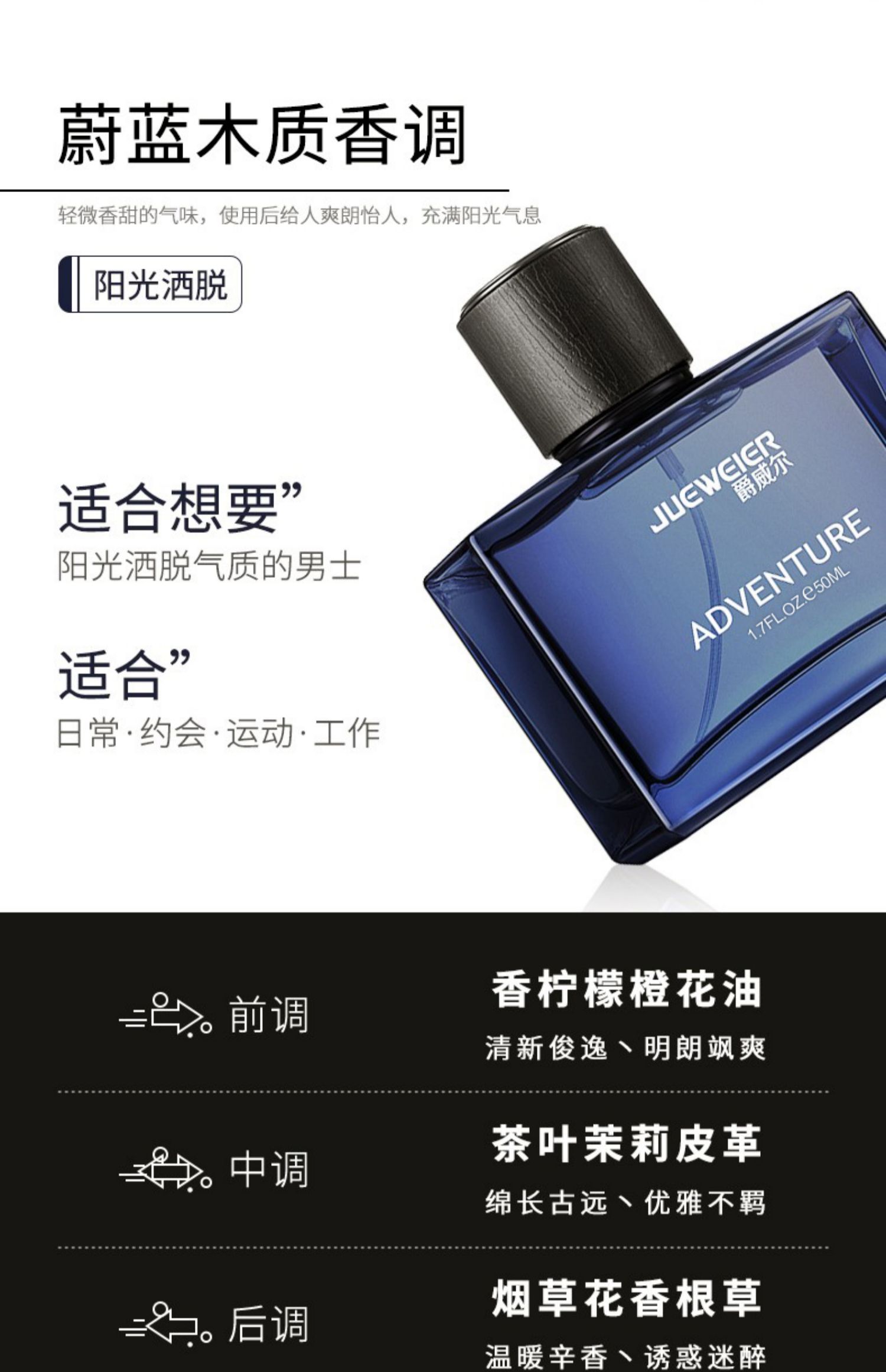 爵威尔（JUEWEIER）爵威尔香水蔚蓝淡香膏清新木质香调便携搭配男士专用水乳套装jwe 50ml*1瓶