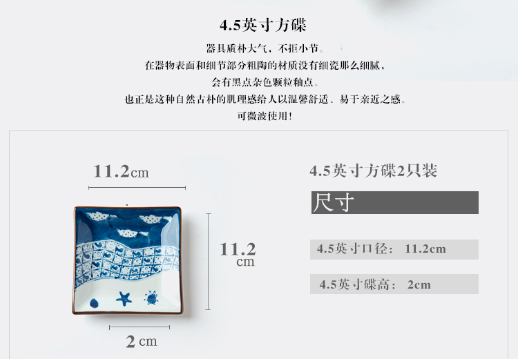 亿嘉IJARL lototo创意陶瓷日式手绘4.5英寸方盘菜盘碟子2只装 海韵