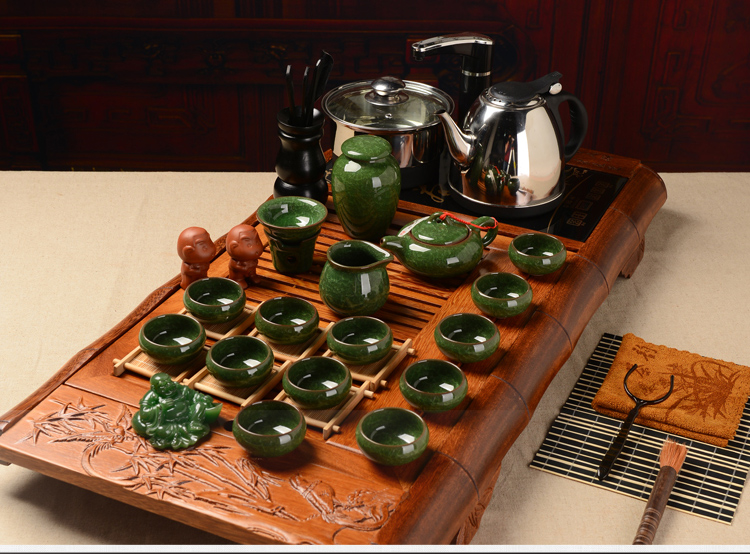 馨铭堂 竹叶清风 冰裂釉茶具鸡翅木茶盘带电热炉整套功夫茶具套装
