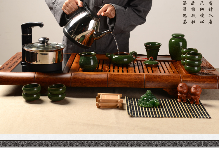 馨铭堂 竹叶清风 冰裂釉茶具鸡翅木茶盘带电热炉整套功夫茶具套装