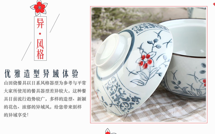 山田烧米饭碗 陶瓷碗带盖(4.5英寸)手绘釉下彩日式带盖面碗(2只装) 五瓣花