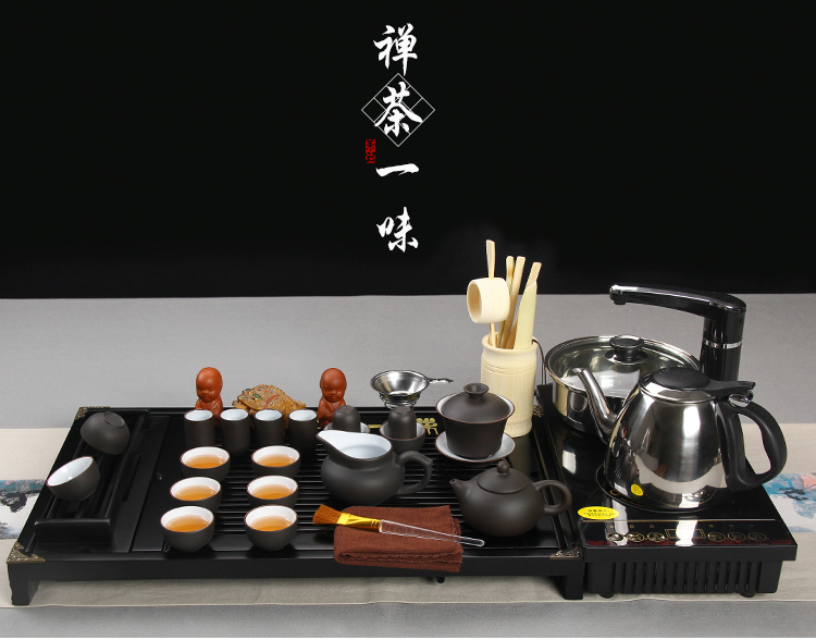 
                                        金镶玉 功夫茶具套装 禅茶一味紫砂白瓷 实木茶盘陶瓷茶壶茶杯电磁炉整套                