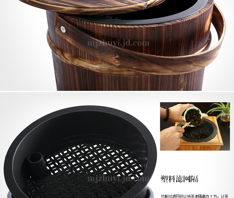茗匠 功夫茶具配件 茶桶 带滤网 茶水桶  一桶文明 竹制茶桶