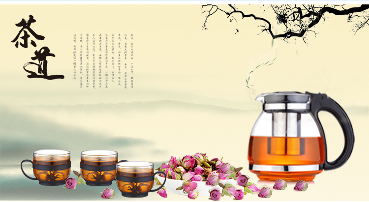 金玉兰（orchid）茶具套装 带不锈钢过滤网耐热热水壶高硼硅玻璃茶壶一壶四杯 1.5L H0697