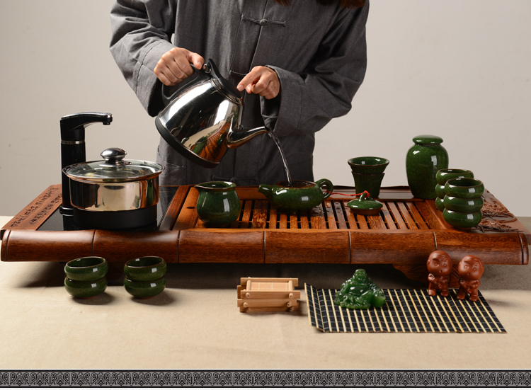 馨铭堂 竹叶清风 冰裂釉茶具鸡翅木茶盘带电热炉整套功夫茶具套装