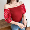 Fashion Patchwork Women Chiffon Short Sleeve Polka Dot Crop Tops Holiday Off-Shoulder T-shirt