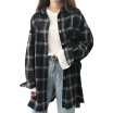 Nuevo Verano Largo Suelta Caída Hombro Manga Larga Solapa Plaid Bolsillo Camisa Mujer