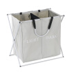 2 Sections Foldable X-frame Oxford Laundry Basket Hamper Mesh Drawstring Dirty Clothes Bin Organizer with Detachable Aluminum Fram