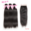 Alot Hair Peruvian Straight Human Hair Bundles With Lace Closure MiddleFree Three Part Natural Black 3 Bundles Hair & Closure