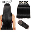 HCDIVA Straight Human Hair Bundle with Closure Peruvian Virgin Hair 4 Bundle Hair with Closure Free part Middle Part Three Par