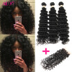 Alot Hair Deep Curly Indian Deep Wave Weave Weft 3 pcs plus 44 Closure Bundles With Closure Indian Human Hair