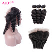 Alot Hair 7A Loose Wave 3 Bundles with Closure Virgin Peruvian Hair Loose Wave with 360 Frontal Closure Curly Human Hair Extension