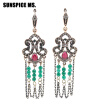 Sunspice Ms Vintage Earrings Inlaid Crystal Long Tassel Drop Earrings For Women Antique Gold Color Handmade Bohemia Jewelry