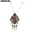 Elegent Turkish Women Long Dangle Pendant Flower Necklace Antique Gold Color Bead Strand Jewelry Indian Bohemia Banquet Bijoux