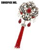 Fashion Turkish Women Red Bead Flower Brooch Pins Antique Gold Color Resin Tassels Corsage Indian Vintage Ethnic Wedding Jewelry