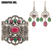 Ethnic Turkish Women Resin Bracelet Earrings Jewelry Sets Antique Gold Color Wide Bangle Cuff Long Hook Dangle Earrings Indian