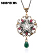 Full Crystal Turkish Women Round Necklaces Antique Resin Jewelry Water Drop Pendant Thin Chain Vintage Flower Wedding Bijoux